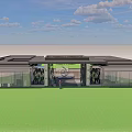 Modern Architectural Entrance Gate With Glass Facade Flat Roof And Green Lawn