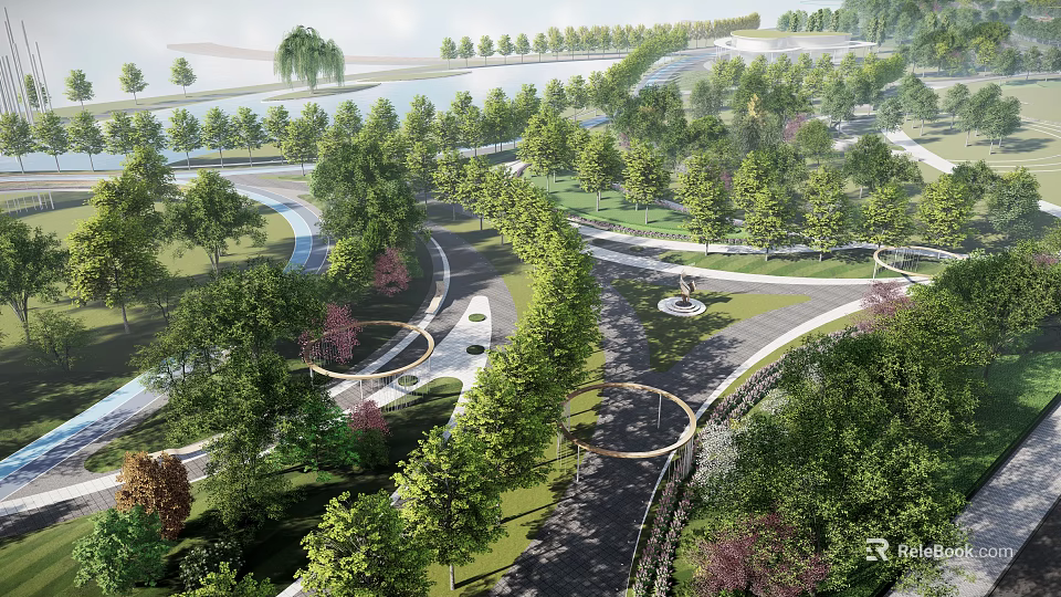 Scenic Park Landscape With Curved Paths Lush Trees And Water Features 3d model 