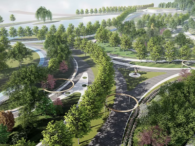 Scenic Park Landscape With Curved Paths Lush Trees And Water Features 3d model
