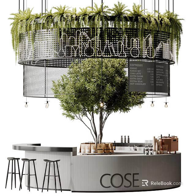 Elegant Modern Milk Tea Shop Interior With Green Plants And Bar Counter 3d model 