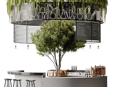 Elegant Modern Milk Tea Shop Interior With Green Plants And Bar Counter 3d model