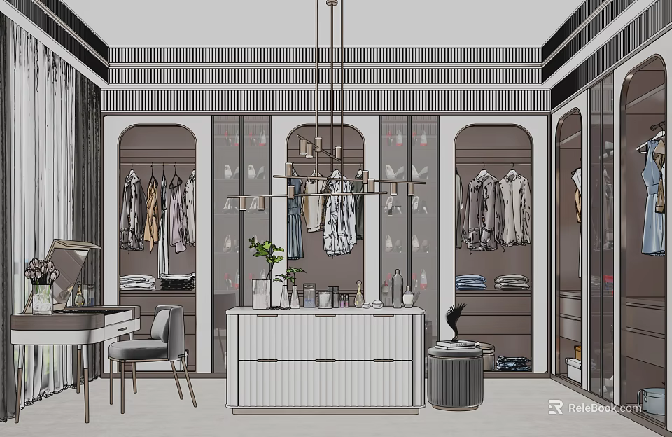 Modern Walk in Closet Interior Design With Hanging Racks Dressing Table And Storage Cabinets 3d model 