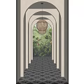 Elevator Hallway With Tropical Plant Mural And Pendant Light