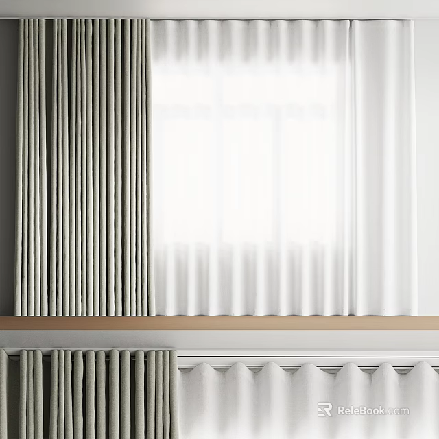 Elegant Layered Curtains With Gray Fabric Panels And White Sheer For Window Decoration 3d model 
