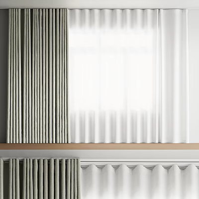 Elegant Layered Curtains With Gray Fabric Panels And White Sheer For Window Decoration 3d model