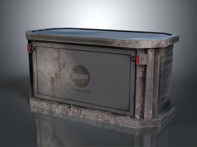 Vintage Military Weapon Ammo Storage Case with Rustic Metal Surface Red Latches and Circular Logo 3d model
