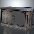 Vintage Military Weapon Ammo Storage Case with Rustic Metal Surface Red Latches and Circular Logo