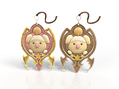 Handmade Rabbit Themed Earrings With Pink Brown Decorative Wings And Star Accents 3d model