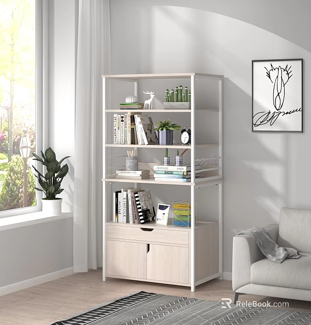Light Wood Bookshelf in Modern Living Room with Books Decorative Plants Clock and Storage Cabinets 3d model 