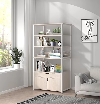 Light Wood Bookshelf in Modern Living Room with Books Decorative Plants Clock and Storage Cabinets 3d model