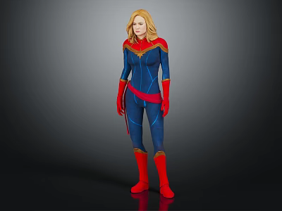 Female Superhero With Blonde Hair In Blue Costume Red Gloves Red Boots And Red Cape 3d model