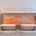 Luxurious Hotel Lobby With Wooden Bookshelves Red Accent Wall And Marble Flooring