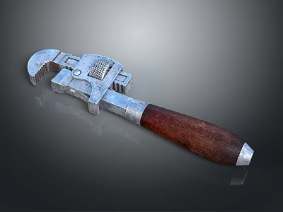 Professional Adjustable Wrench With Silver Metal Body And Wooden Handle 3d model