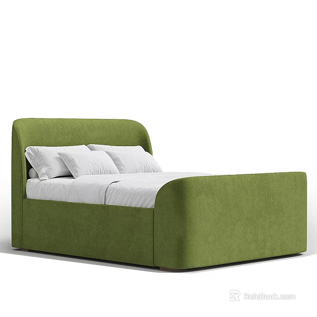Green Upholstered Double Bed With White Pillowcases And Linen Sheets 3d model