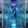 Futuristic Exhibition Hall With Blue Lighting Transparent Structures And Circular Core 3d model