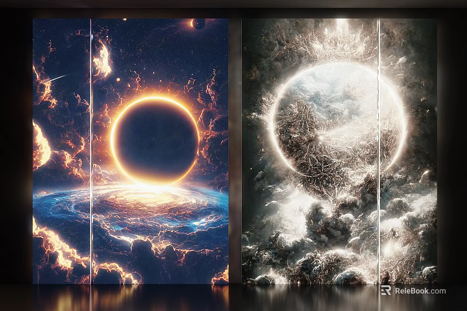 Stunning Cosmic Wall Mural With Solar Eclipse Nebula Earth Luminous Ring And Clouds 3d model 