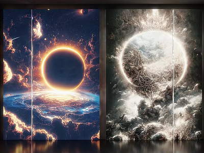 Stunning Cosmic Wall Mural With Solar Eclipse Nebula Earth Luminous Ring And Clouds 3d model