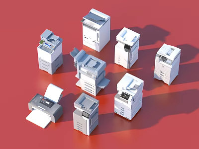 White Gray Office Appliances Including Printers Copiers with Various Models and Sizes on Red Background 3d model