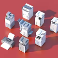 White Gray Office Appliances Including Printers Copiers with Various Models and Sizes on Red Background