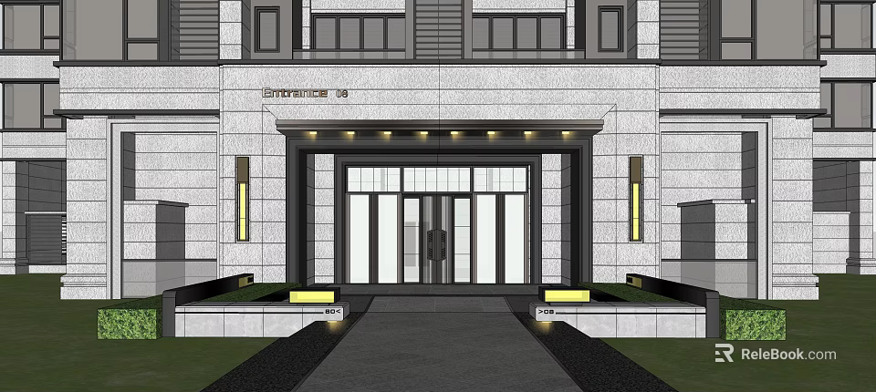 Modern Main Entrance Gate With Stone Facade Glass Doors And Decorative Lighting 3d model 