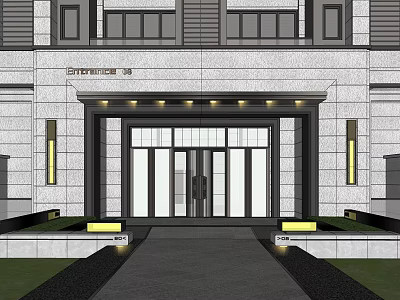 Modern Main Entrance Gate With Stone Facade Glass Doors And Decorative Lighting 3d model