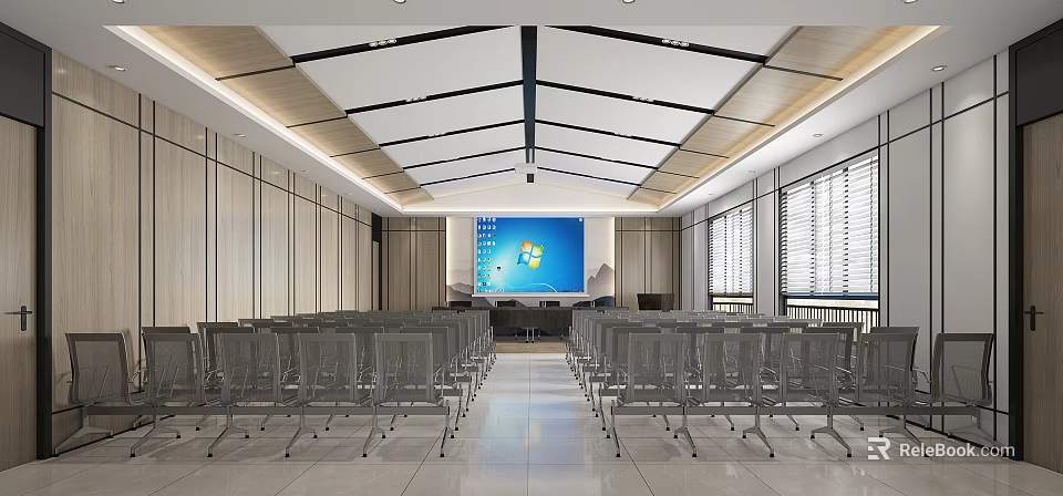 Modern Meeting Room Interior With Arranged Chairs Large Screen Podium And Ceiling Design 3d model 