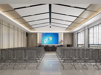 Modern Meeting Room Interior With Arranged Chairs Large Screen Podium And Ceiling Design 3d model