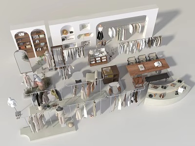 Modern Clothing Store Interior With Hanging Clothes Display Racks And Mannequins 3d model