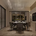 Elegant Modern Private Dining Room Interior With Round Table Chairs Chandelier And Arch Windows
