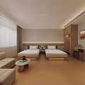 Modern Hotel Guest Room with Twin White Beds Wooden Flooring Wall TV and Dressing Table