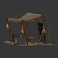Traditional Daily Living Supplies With Tent Structure Sacks Wooden Buckets And Crates