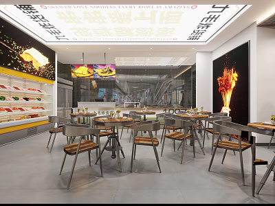 Modern Restaurant Featuring Open Kitchen Dining Tables Chairs Food Display Cabinet Pendant Lights Decorative Painting 3d model