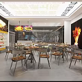Modern Restaurant Featuring Open Kitchen Dining Tables Chairs Food Display Cabinet Pendant Lights Decorative Painting