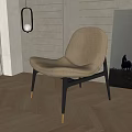 Modern Beige Velvet Accent Chair With Black Metal Legs On Herringbone Wooden Floor