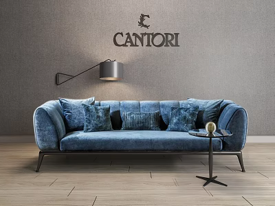 Blue Velvet Two Seater Sofa With Decorative Pillows Gray Wall And Wooden Floor 3d model