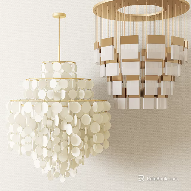 Modern Chandelier Design With Multiple Layers Circular Discs Square Blocks And Gold Frame 3d model