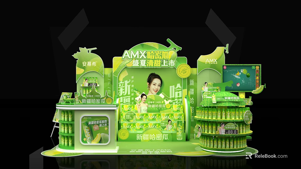AMX Hami Melon New Product Launch Promotion Booth With Green Display And Shelves 3d model 