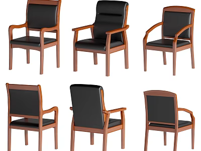 Office Chair With Wooden Frame Black Seat And Armrests Shown In Multiple Angles 3d model