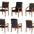 Office Chair With Wooden Frame Black Seat And Armrests Shown In Multiple Angles
