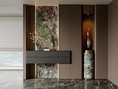 Modern Entryway Design With Decorative Wall Wooden Cabinets Marble Floor And Decorative Items 3d model