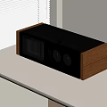Vintage Wooden Radio With Metal Dials And Transparent Panel On Desk