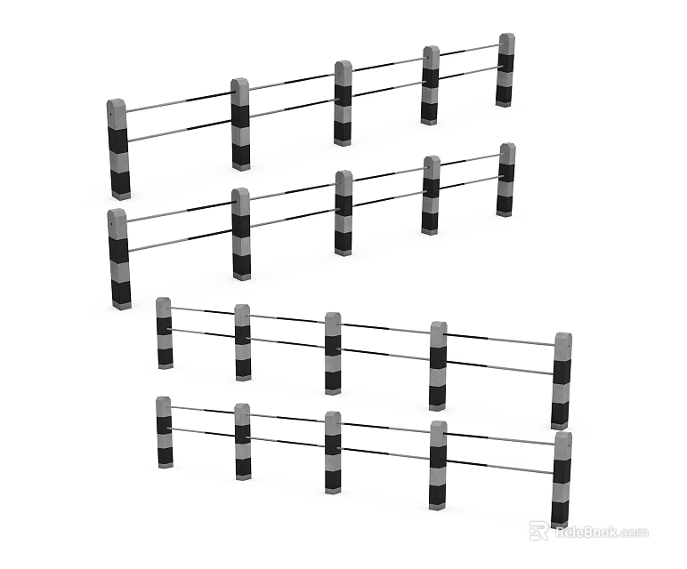 Black And White Fencing With Vertical Posts And Horizontal Rails Design 3d model