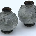 Pair Of Vintage Ceramic Vessels With Ring Handles Textured Surface And Dark Base Design