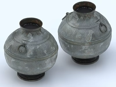 Pair Of Vintage Ceramic Vessels With Ring Handles Textured Surface And Dark Base Design 3d model