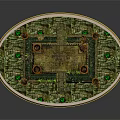 Ancient Altar Platform On Circular Base With Candelabra Green Plants And Glowing Gems