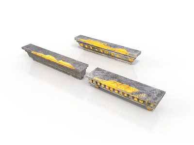 Three Vintage Gray Train Carriages With Yellow Stripes And Weathered Texture 3d model