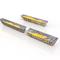 Three Vintage Gray Train Carriages With Yellow Stripes And Weathered Texture