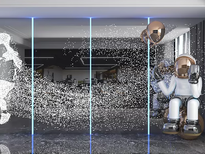 Modern Background Wall Design With Glass Material Blue Lighting Astronaut Sculpture And Particle Effect 3d model