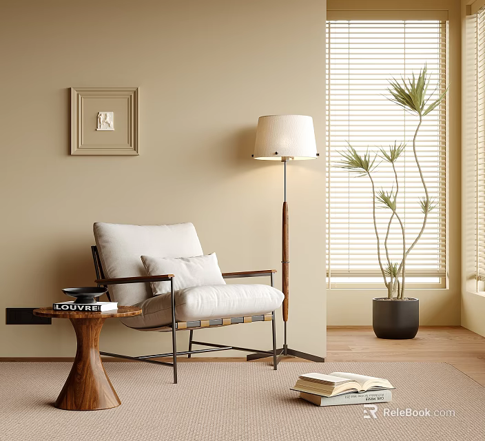 White Lounge Chair With Cushions Near Wooden Floor Lamp And Potted Plant In Beige Room Interior 3d model 