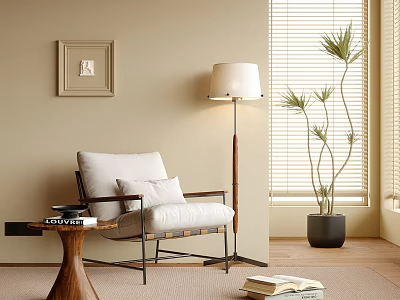 White Lounge Chair With Cushions Near Wooden Floor Lamp And Potted Plant In Beige Room Interior 3d model